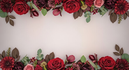 Romantic flower arrangement with roses and chrysanthemums on a white surface. Flower arrangement creates a beautiful frame, perfect for various occasions and celebrations.