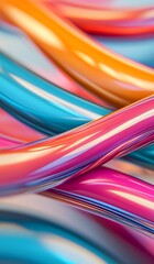 A vibrant, abstract composition featuring intertwined glossy strands in bright hues of blue, pink, orange, and yellow, creating a dynamic visual experience.