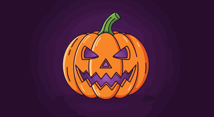 Spooky carved pumpkin with glowing purple eyes and jagged mouth grins menacingly on a dark purple background for Halloween.