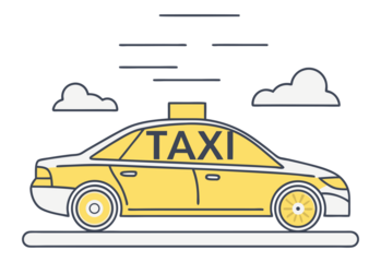 Moving Yellow Taxi Cab with Cloud Motion Lines. Graphic Urban Transportation Icon. Stylized Taxi with Movement Effect isolated on transparent background.