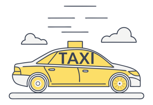 Moving Yellow Taxi Cab with Cloud Motion Lines. Graphic Urban Transportation Icon. Stylized Taxi with Movement Effect isolated on transparent background. - Powered by Adobe