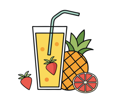 Refreshing Yellow Juice Glass with Straw and Fruit. Summer Drink with Pineapple and Strawberry. Healthy Citrus Beverage Illustration isolated on transparent background.