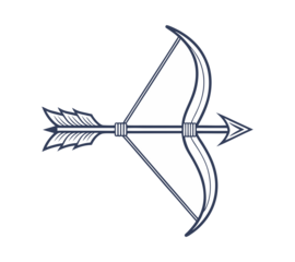 Minimalist bow and arrow illustration in white isolated on transparent background. Graphic iconic bow and arrow symbol. Contrasting white bow and arrow design.