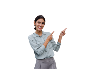 Smiling businesswoman pointing with both hands, promoting concepts, and presenting ideas on transparent background