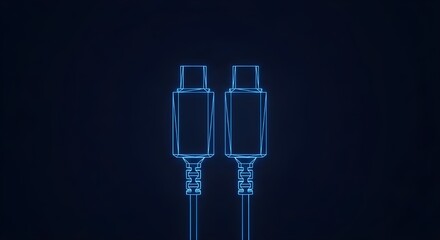 USB-C charging cable Two USB Type C connectors in blue wireframe with dark background USB C USB