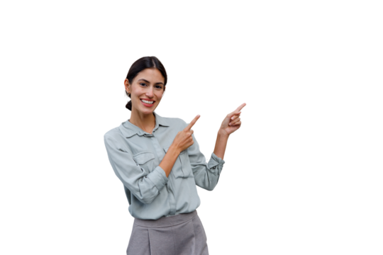 Smiling businesswoman pointing with both hands, promoting concepts, and presenting ideas on transparent background
