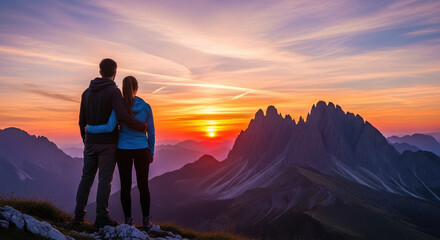 Couple watching a sunset on mountains, embracing scenic view, feeling love. Enjoying romantic couple watching a sunset from mountain peak, surrounded by colorful skies, sharing special moment.
