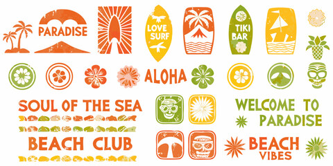 Collection of hawaiian and beach themed graphic elements and phrases with a distressed vintage look