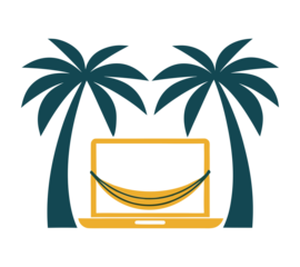 Golden Laptop with Yellow Hammock and Silhouetted Palm Trees isolated on transparent background. Tropical Work from Paradise Concept Illustration. Graphic Design of Balanced Work and Leisure.
