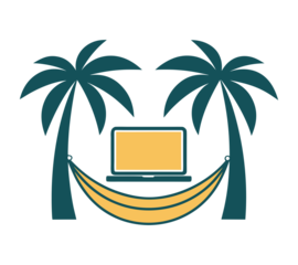 Yellow Hammock and Laptop between Teal Palm Trees for Digital Nomad Lifestyle isolated on transparent background. Relaxed Productivity in Tropical Setting with Laptop Graphic. Minimalist Flat Design