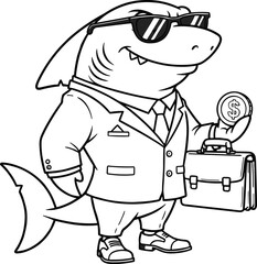 Cartoon shark in business suit, holding dollar coin and briefcase, confident pose, financial mascot, humorous illustration, corporate character, money-themed concept
