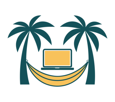 Yellow Hammock and Laptop between Teal Palm Trees for Digital Nomad Lifestyle isolated on transparent background. Relaxed Productivity in Tropical Setting with Laptop Graphic. Minimalist Flat Design - Powered by Adobe