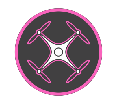 Quadcopter Drone Icon with Pink Glow in Circular Frame isolated on transparent background. Modern UAV Technology Symbol in Flat Design. Pink and White Drone Illustration with Propellers.