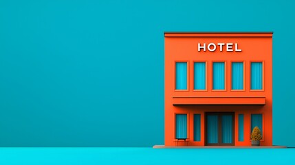 A vibrant orange hotel facade set against a contrasting turquoise background, featuring large windows and a welcoming entrance.