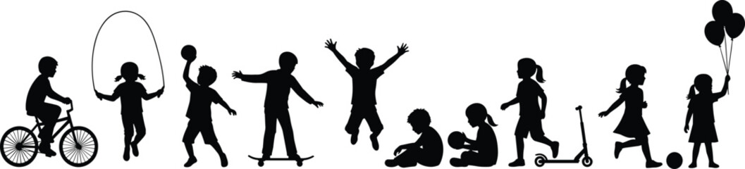 Children silhouette activities, outdoor play illustration, kids recreational movement, black and white playful art, educational poster design, active childhood concept drawing © Monjurul Creatives