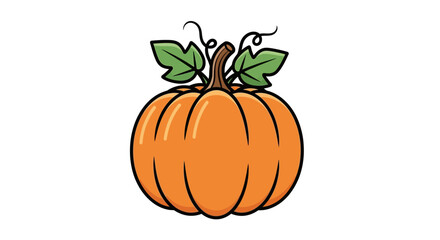 Vibrant cartoon pumpkin with green leaves and curling vine, perfect for autumn harvest and Halloween celebrations