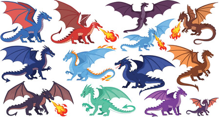 Colorful dragon illustration set, thirteen unique fantasy creatures, fire-breathing poses, flying and roaring designs, mythical beast vector, vibrant character artwork