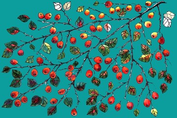 Watercolor tree with red berries on blue background.  Illustration for decoration home. 