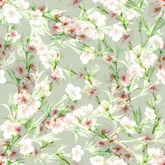 Watercolor  seamless pattern with cherry blossoms on a light green background.   Hand drawing illustration for fabric. 
