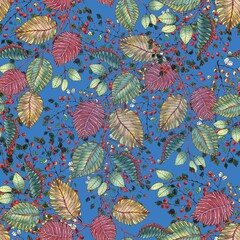 Seamless pattern with colorful leaves and red small berries on blue background. Illustration for decoration fabric and decorative paper. 