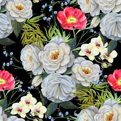 Watercolor  bouquet of roses with orchid  end wild peony on a black background.  Hand drawing illustration for fabric. 