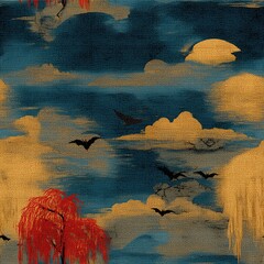 Artistic Landscape with Birds and Abstract Cloud Patterns at Dusk , seamless pattern , tile 