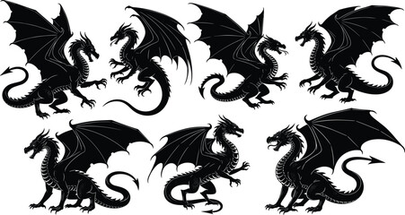 Dragon silhouette set, eight black fantasy creatures in varied poses, winged and tailed designs, mythical beast vector illustration for character concept art