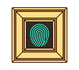 Glowing Teal Fingerprint in a Golden Square Frame isolated on transparent background. Digital Identity and Security Emblem. Biometric Authentication Icon.