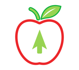Red Apple Cut in Half with Bold Green Upward Arrow isolated on transparent background. Growth and Health Concept Icon. Stylized Fruit Graphic Design.