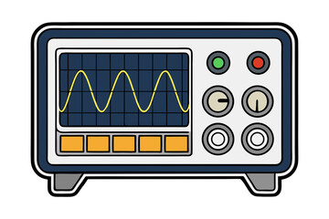 Vintage Oscilloscope with Yellow Sine Wave on Blue Grid isolated on transparent background. Retro Electronics Vector Art. Scientific Measurement Device.