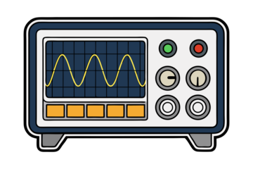 Vintage Oscilloscope with Yellow Sine Wave on Blue Grid isolated on transparent background. Retro Electronics Vector Art. Scientific Measurement Device.