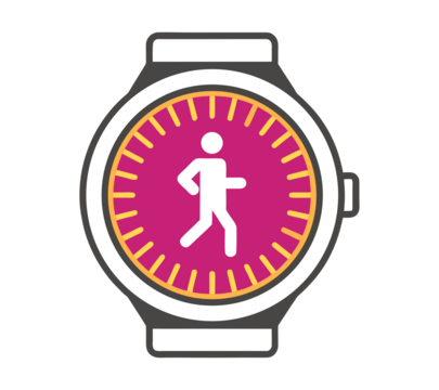 Magenta Smartwatch with Orange Border and White Running Figure isolated on transparent background. Fitness Activity Tracker Vector Icon. Movement and Exercise Watch Graphic.