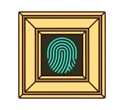 Glowing Teal Fingerprint in a Golden Square Frame isolated on transparent background. Digital Identity and Security Emblem. Biometric Authentication Icon.
