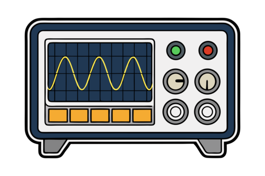 Vintage Oscilloscope with Yellow Sine Wave on Blue Grid isolated on transparent background. Retro Electronics Vector Art. Scientific Measurement Device.