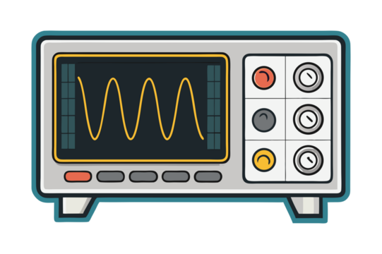 Teal Vintage Oscilloscope with Yellow Waveform Display isolated on transparent background. Retro Technical Equipment Illustration. Flat Style Electronics Icon.