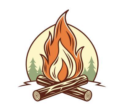 Vintage Campfire Poster with Pine Trees and Moon isolated on transparent background. Outdoor Adventure Illustration. Warm Fire and Forest Graphic.