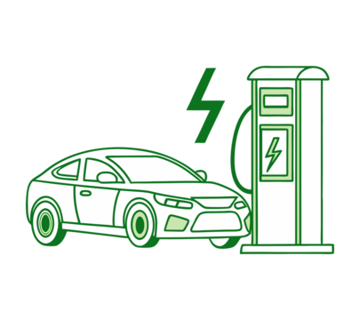 Electric Car Charging at Station with Green Lightning Bolt isolated on transparent background. Eco Vehicle Line Art Illustration. EV Charging Concept Graphic.