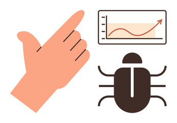 Hand pointing toward an upward graph with a bug icon symbolizing data analysis, error fixing, and growth. Ideal for tech, software, analytics, debugging, troubleshooting, improvement and innovation