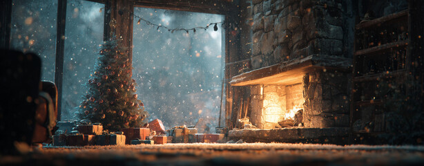 Cozy Winter Cabin with Christmas Tree and Fireplace