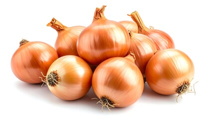 A cluster of fresh, round onions with papery, light brown skins are piled together, showcasing their bulbous forms
