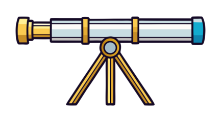 Brass and White Vintage Telescope on Golden Tripod isolated on transparent background. Illustrative Stargazing Equipment. Childrens Book Style Astronomy.