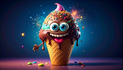 Cartoon ice cream cone with happy expression