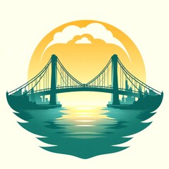 Suspension bridge silhouette over water at sunset with cloudy sky and city skyline in the background