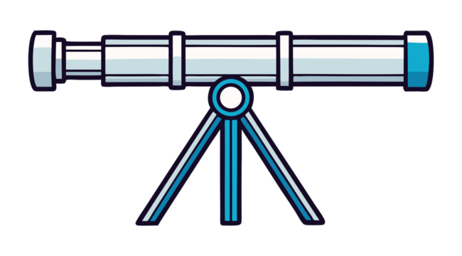 Vintage Telescope on Tripod with Blue Accents isolated on transparent background. Minimalist Vector Astronomy Illustration. Silver and Blue Stargazing Tool.