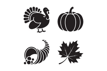 Thanksgiving icons turkey pumpkin cornucopia and maple leaf symbols