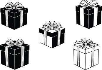 Set of five decorative gift box silhouettes with ribbons and bows, perfect for holiday, celebration, party, and festive design projects