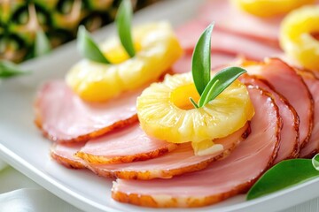 Festive holiday ham garnished with pineapple and flowers on a decorative platter