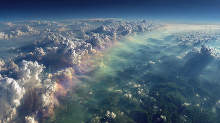 Aerial Earth Panorama with Volumetric Clouds and Sunbeams — Concept of Greenhouse Gas Reduction, Climate Change Awareness, Dramatic Atmospheric Light