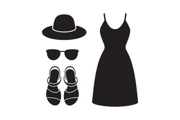 Stylish black dress outfit with hat sunglasses and sandals