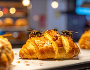 Croissant with wasps on a display